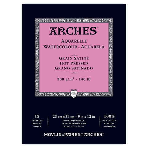 ARCHES WATERCOLOUR HOT PRESSED PAD NAT WHT 140LB 9X12
